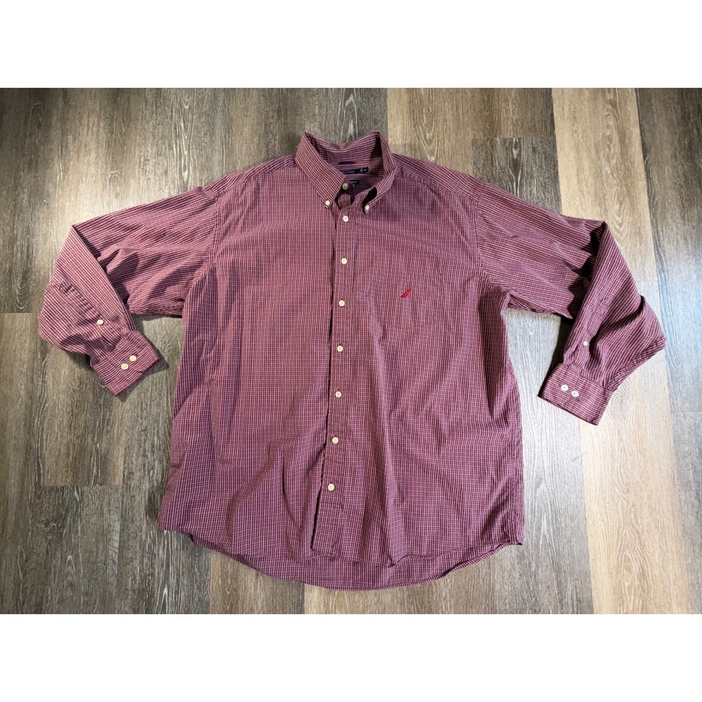 Nautica Button Down Shirt Mens 2X Burgundy Micro Check 80s Two-Ply Cotton